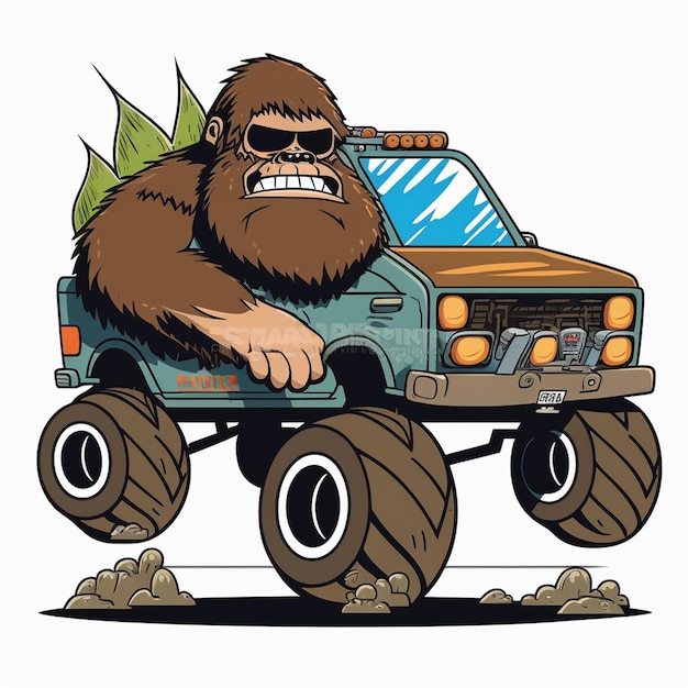 Foto bigfoot in sella a un'illustrazione vettoriale di auto