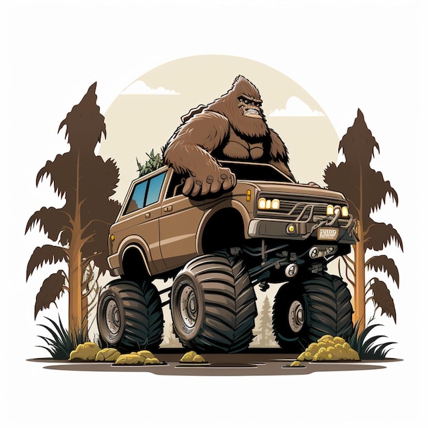 Bigfoot Riding a Car Vector Illustration