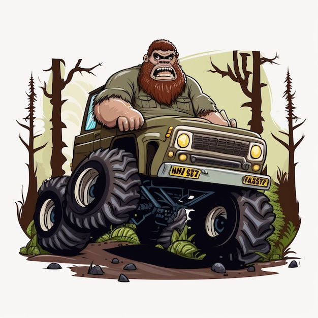 Bigfoot Riding a Car Vector Illustration