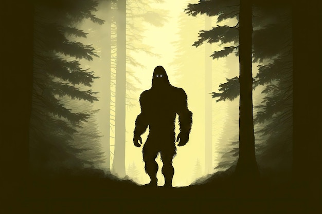 Bigfoot silhouettes against background of tall trees in moonlight