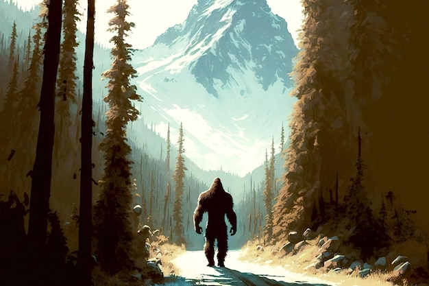 Bigfoot walking along forest road among tall trees