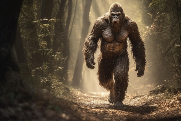 Photo a bigfoot walking in the middle of a forest