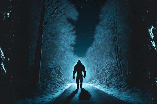 Bigfoot walks along path illuminated by moonlight