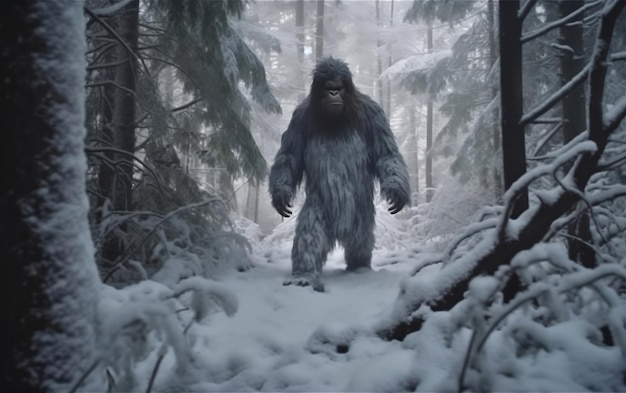 Bigfoot walks through the snow in the forest