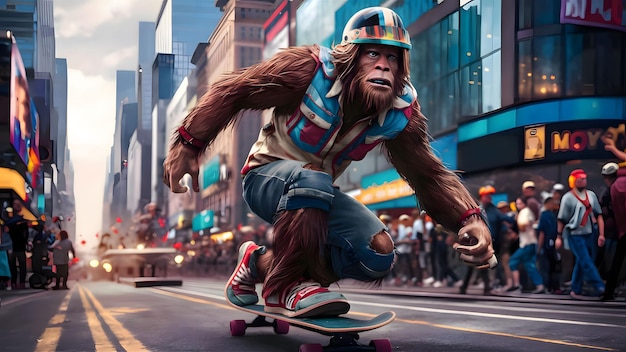 Photo bigfoot with skateboard on city background