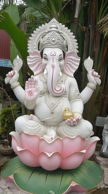 A biggest statue of Lord Ganesha sits on a pink