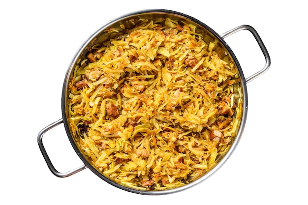 Bigos cabbage stewed with meat mushrooms and sausages Isolated on white background Top view