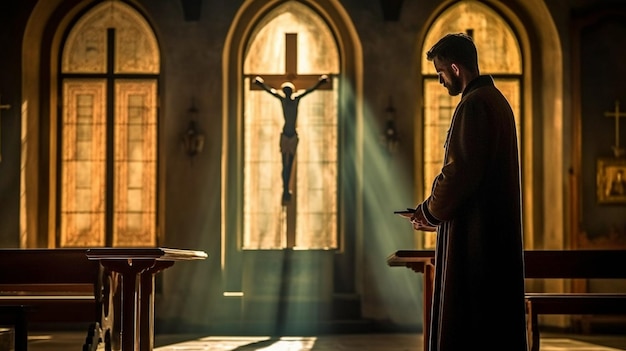 Bij de kerk pleit een christelijke priester met een kruis Generative AI
