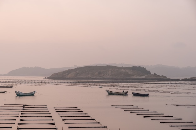 Bij de zeewierboerderij voor zonsopgang in de ochtend zijn er zeewierrijen en boten