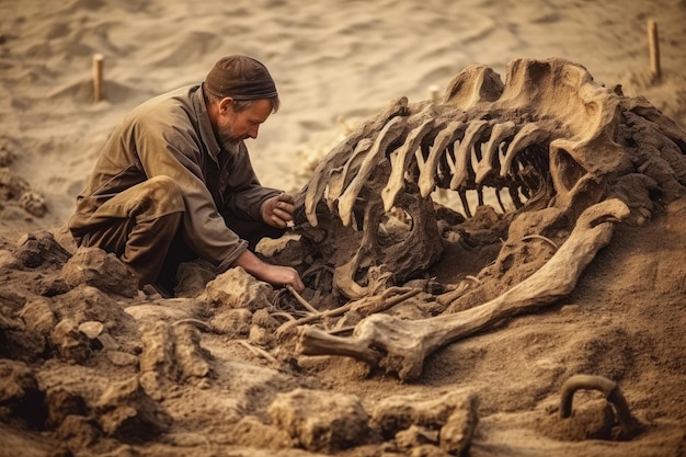 Foto bij een afgelegen archeologische opgraving ontdekt een wetenschapper de gefossiliseerde overblijfselen van een prehistorisch wezen generative ai