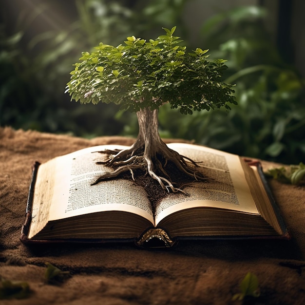 Foto bij een boom ligt een boek open met het woord boom erop.