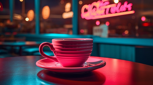 Foto bij een retro diner geeft een neon koffiekop een warme uitnodiging uit.