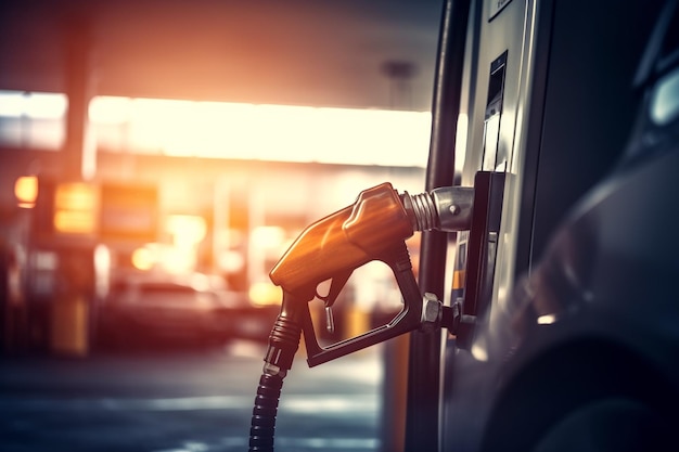 Bij een tankstation wordt een benzinepomp gevuld met benzine.
