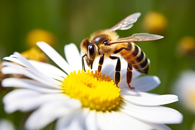 Bij en bloem Close-up van een bij die honing verzamelt op een madeliefjebloem op een zonnige dag Generatieve AI