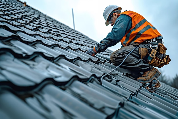 Bij het plaatsen van betonnen dakpannen op het dak boven doet een bouwvakker een veiligheidsgordel Generatieve AI om