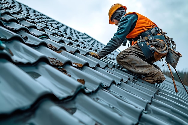 Bij het plaatsen van betonnen dakpannen op het dak boven doet een bouwvakker een veiligheidsgordel Generatieve AI om