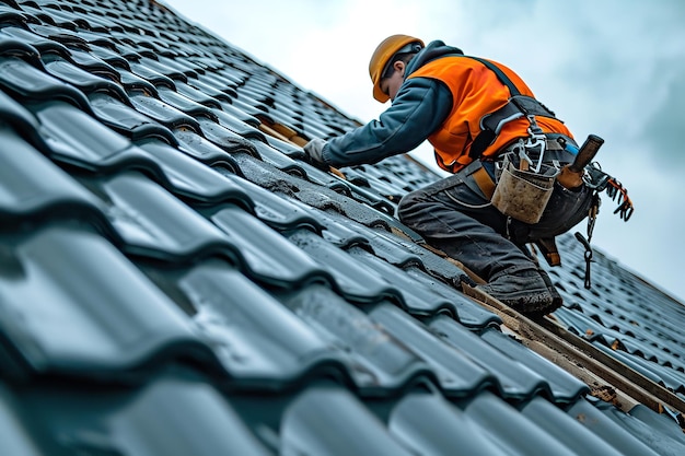 Bij het plaatsen van betonnen dakpannen op het dak boven doet een bouwvakker een veiligheidsgordel Generatieve AI om