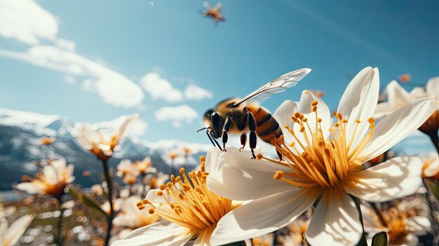 Bij in vlucht over een cluster witte bloemen Bestuiwing in actie