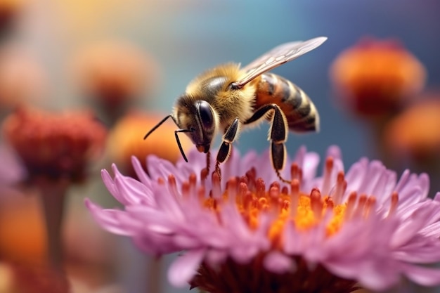 Foto bij op een bloem verzamelt nectar bij bestuift bloemen