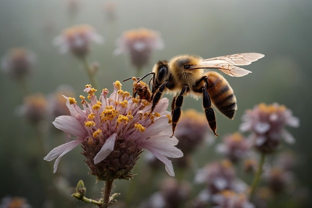 Bij op een bloem verzamelt nectar en stuifmeel Closeup