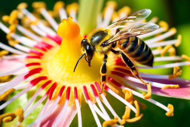 Bij op een passievruchtbloem met exotische planten