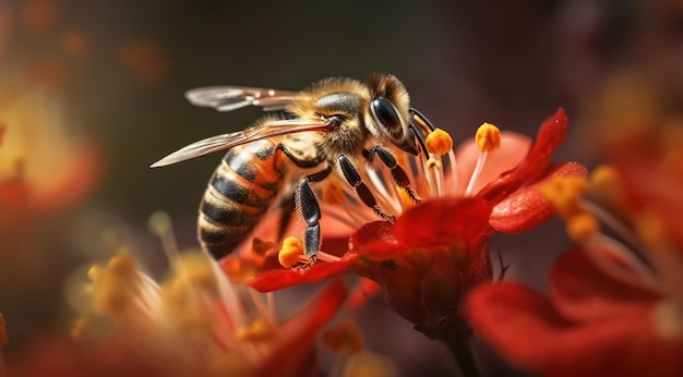 Bij op een rode bloem