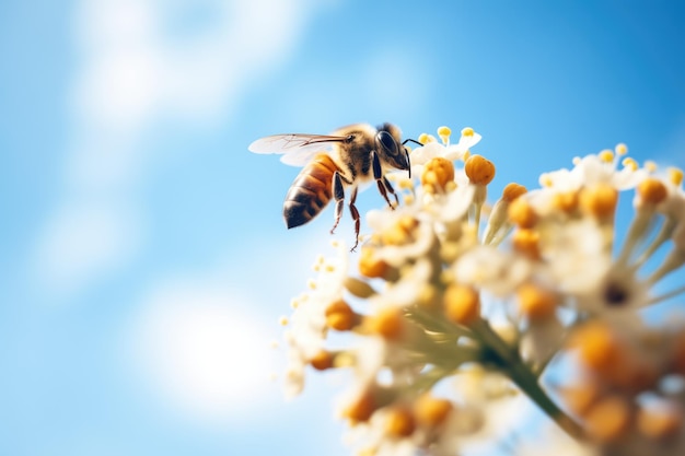 Bij op een wilde bloem tegen de blauwe hemel