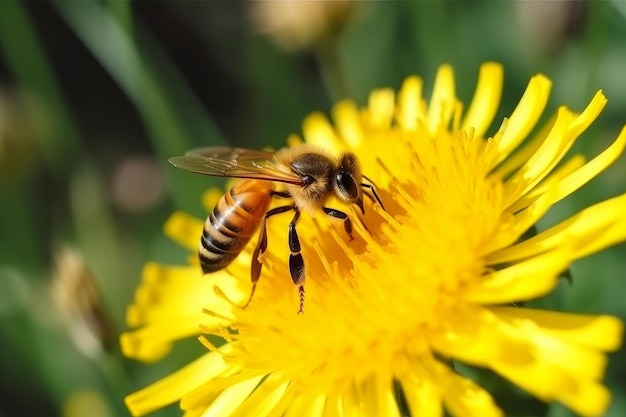 Bij verzamelt nectar van gele bloem genereer ai