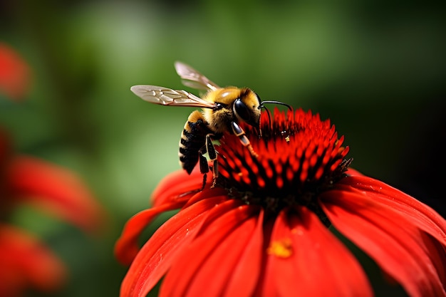 Foto bij verzamelt stuifmeel van een rode bloem