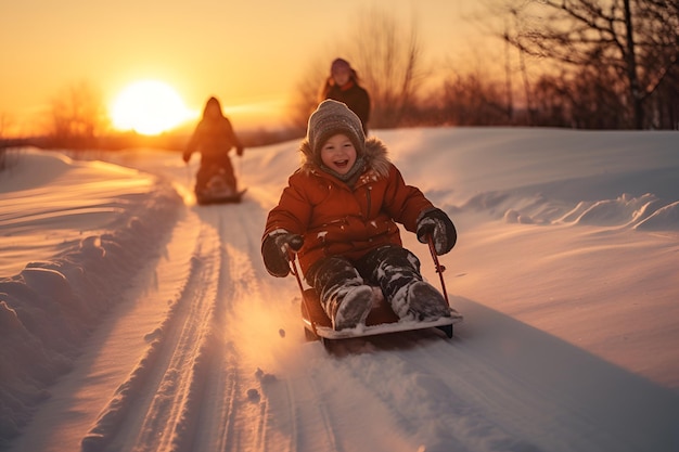 Bij zonsondergang genieten kinderen ervan om van een besneeuwde heuvel af te sleeën