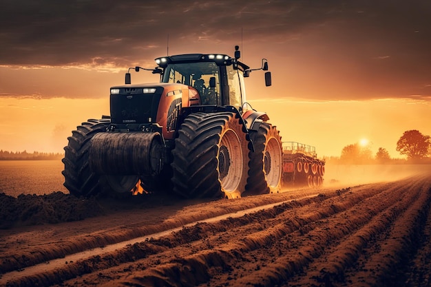 Foto bij zonsondergang maakt een landbouwmachine op het platteland bepaalde rijen beplanting vrij