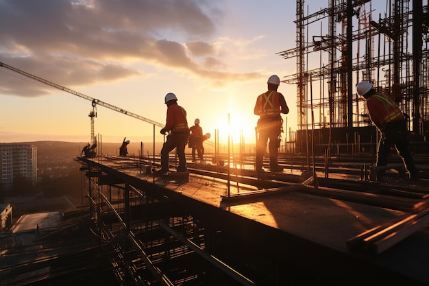 Bij zonsondergang omvatten silhouetten van de bouwplaats kraan en ijverige arbeiders