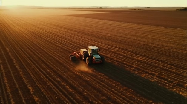 Bij zonsondergang rijdt een tractor op een veld