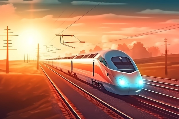 Bij zonsondergang rijdt er een trein over de rails