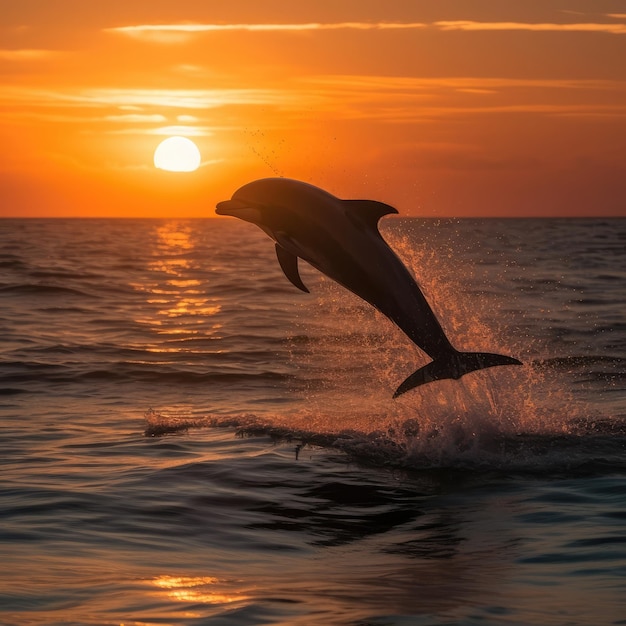 Foto bij zonsondergang springt een dolfijn uit het water.