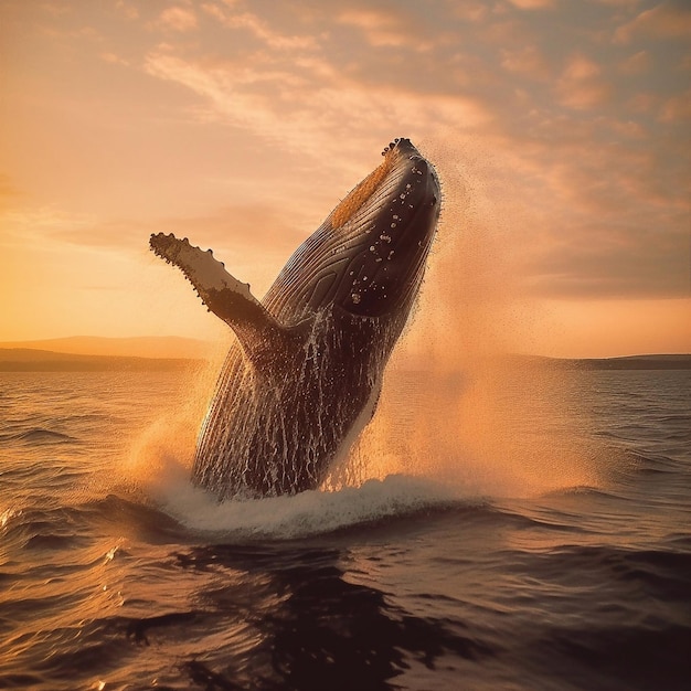 Bij zonsondergang springt een walvis uit het water.