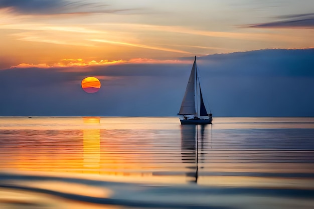 Bij zonsondergang vaart een zeilboot in het water.