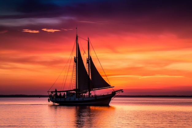 Bij zonsondergang vaart een zeilboot in het water.