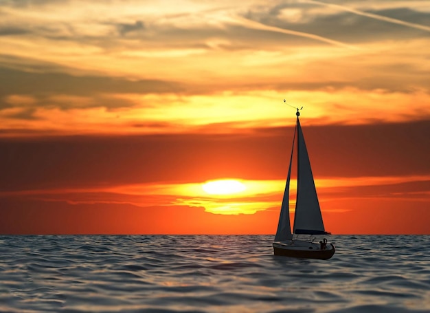 Bij zonsondergang vaart een zeilboot op het water.