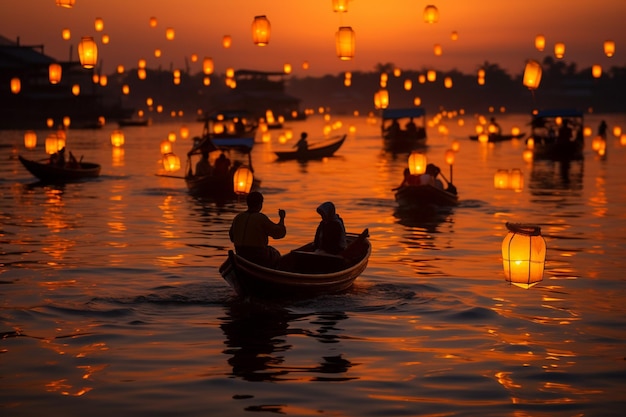 Bij zonsondergang wordt een boot vol lantaarns verlicht.