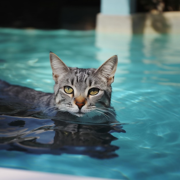 bij zwemmen in het zwembad met helder schoon water close-up een ongewone situatie met huisdier