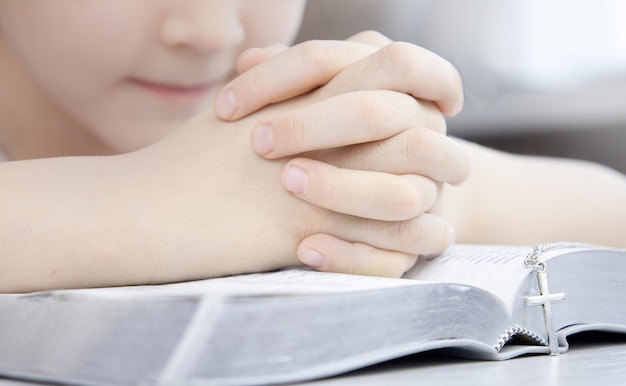 Bijbel lezen Handen bidden tot God met een Bijbel Smeek om vergeving en geloof in goedheid