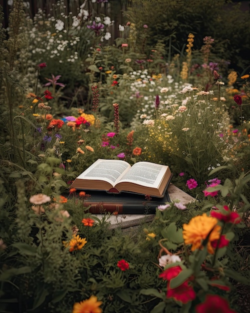 Bijbel midden in een tuin vol bloemen gemaakt met generatieve AI-technologie