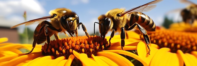 Bijen apis mellifera op helenium bloemenclose-up