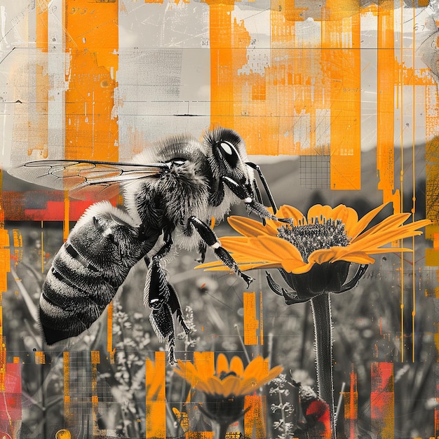 Bijen en bloemen in een collage van hedendaagse kunst