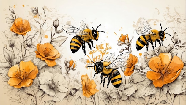 Bijen en bloemen in een met de hand getekende schets die door AI is gegenereerd