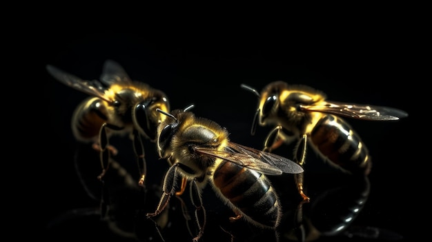 Bijen geïsoleerd op zwarte achtergrond met lege ruimte voor tekst AI gegenereerd