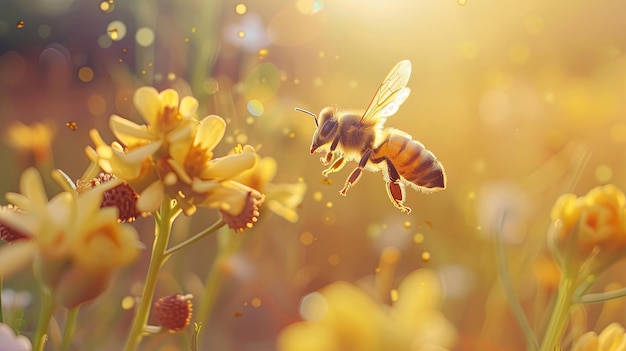 Bijen insecten vliegen en eten nectar van bloemen bloeien Banner achtergrondontwerp