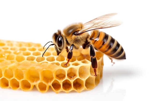 Bijen lopen op honingraat geïsoleerd op witte achtergrond Generatieve AI