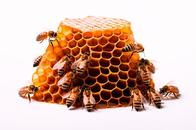 Bijen op honingraat op witte geïsoleerde achtergrond Zelfgemaakte honing en bijen